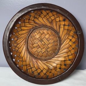 Woven Rattan Fruit Food Storage Round Basket Leather Accent